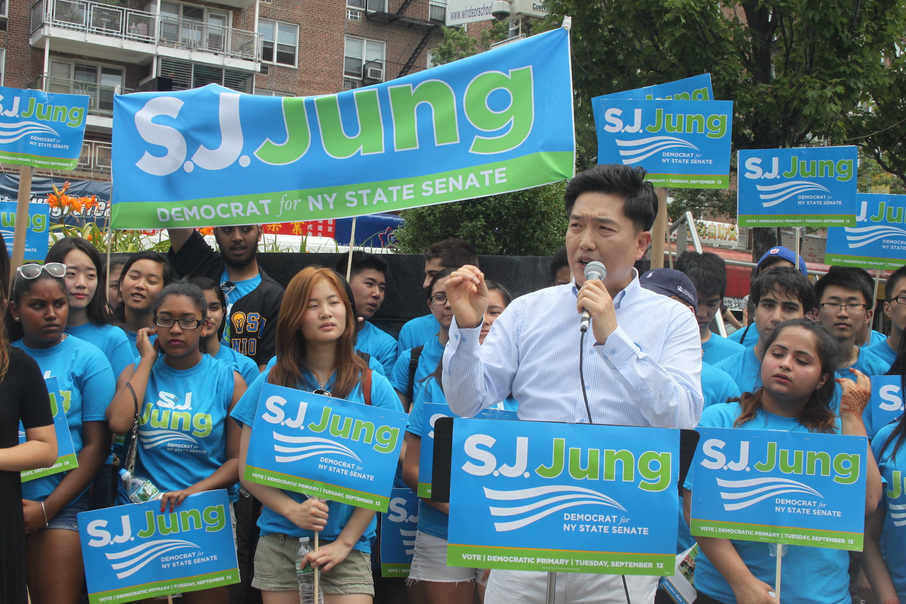 S.J. Jung at a campaign rally in July.